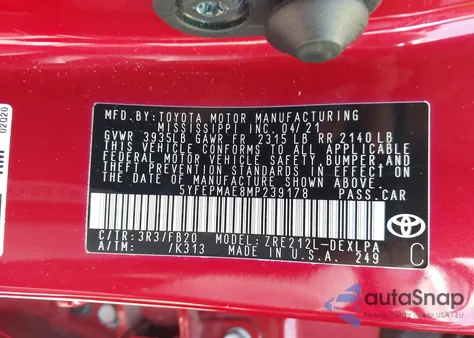 2021 Toyota Corolla Le z USA, uszkodzony, nr VIN 5YFEPMAE8MP239178